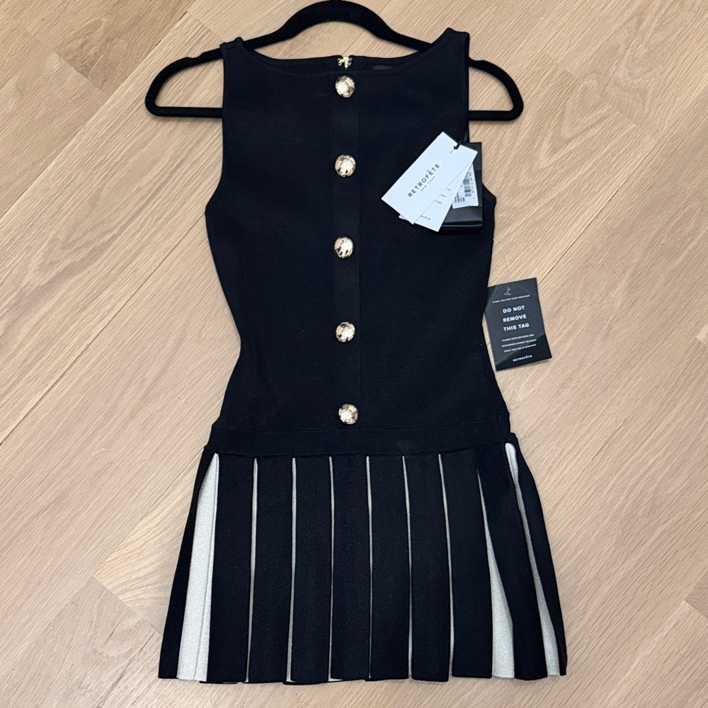 Retrofete Black Sleeveless Mini Dress with Gold Buttons Sixe Small - Picture 3 of 8